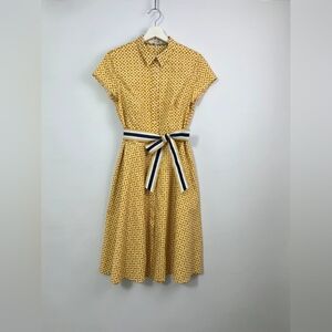 Geometric Cotton Yellow & White Fit & Flare Belted Shirt Dress